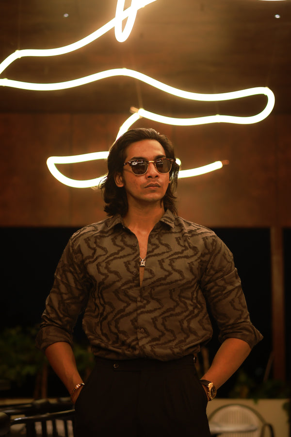 Grey Zig Zag Self Designer Shirt