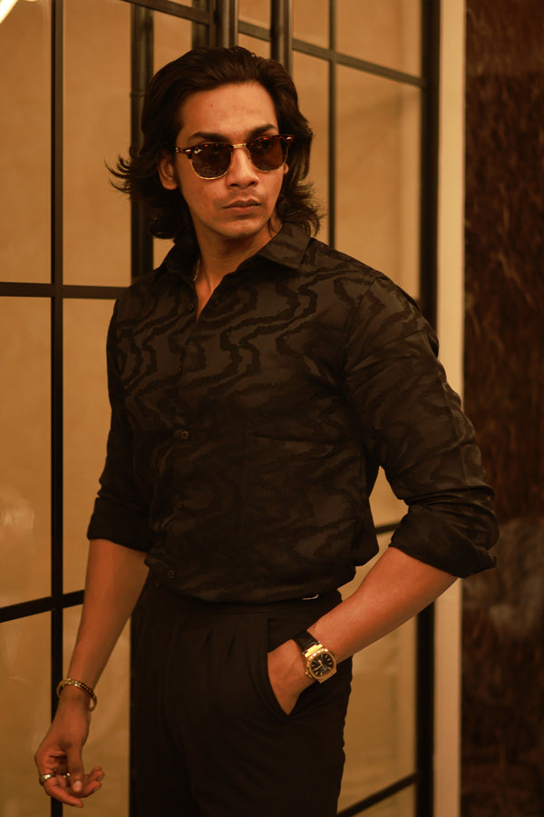 Black Zig Zag Self Designer Shirt