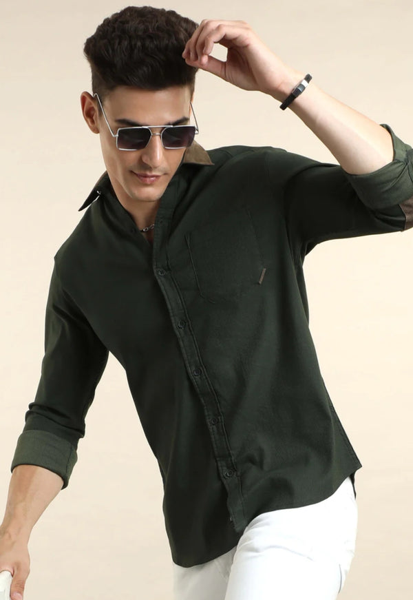 Green Cotton Self Stripe Corduroy With Leather Constrast Shirt