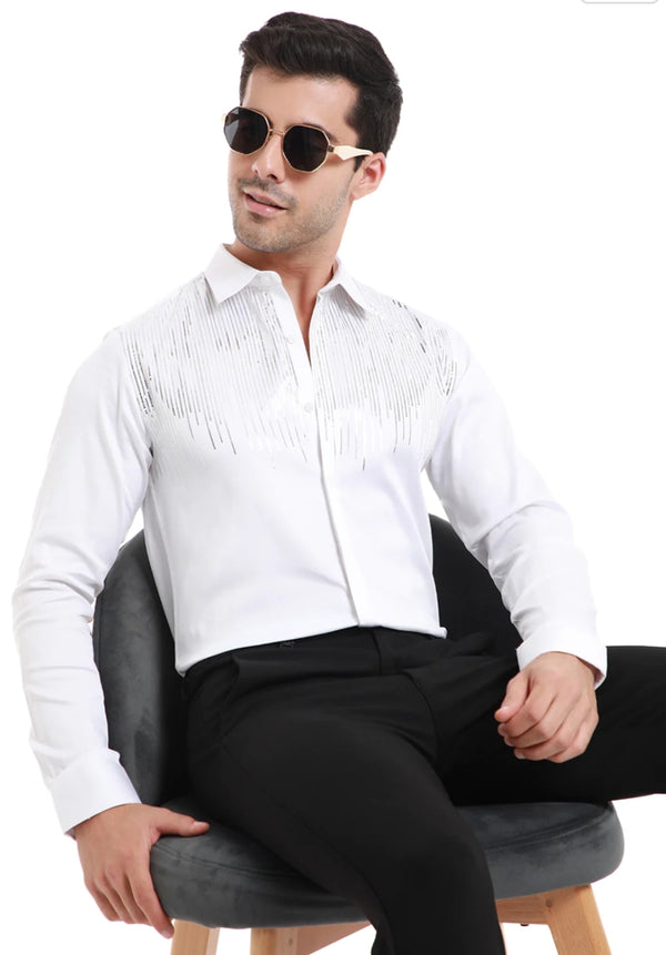 flecked sequenced designer white shirt