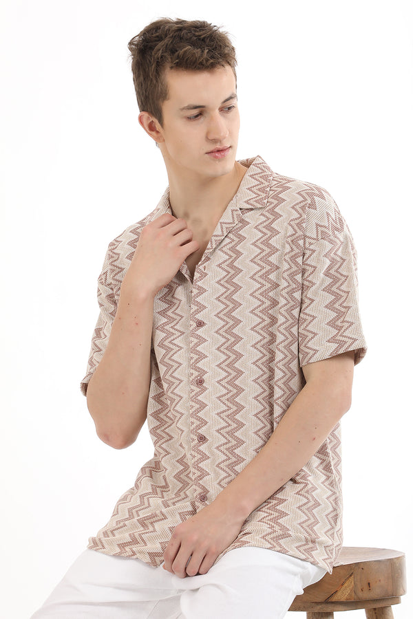 Pastel Brown Printed Cuban Collar Shirt