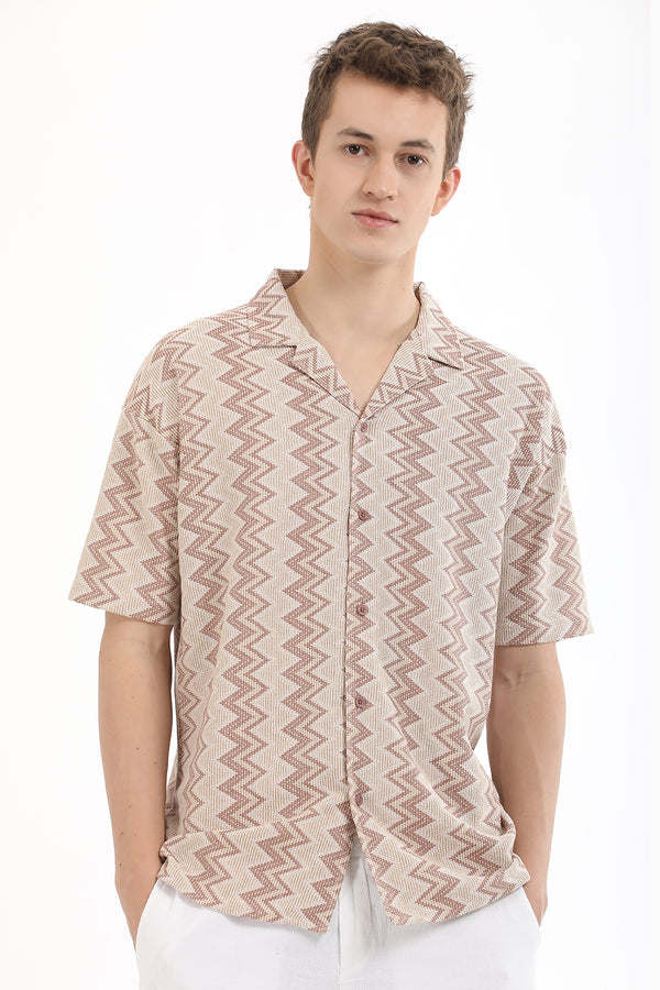 Pastel Brown Printed Cuban Collar Shirt