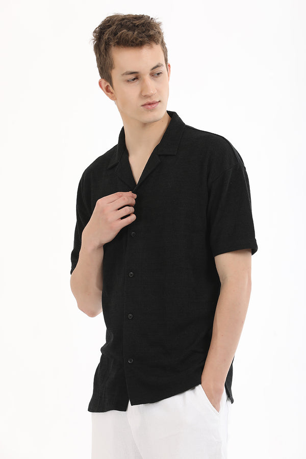 Black Corduroy Cuban Collar Shirt