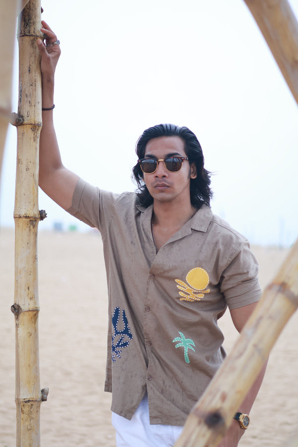 Light Brown Self Designed Cuban Collar Shirt