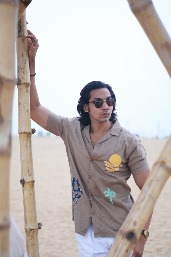 Light Brown Self Designed Cuban Collar Shirt