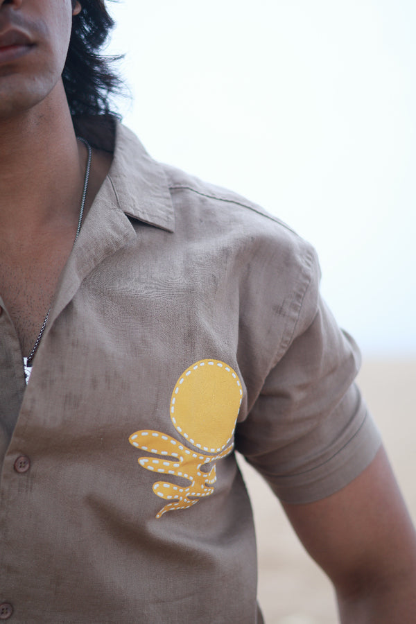 Light Brown Self Designed Cuban Collar Shirt
