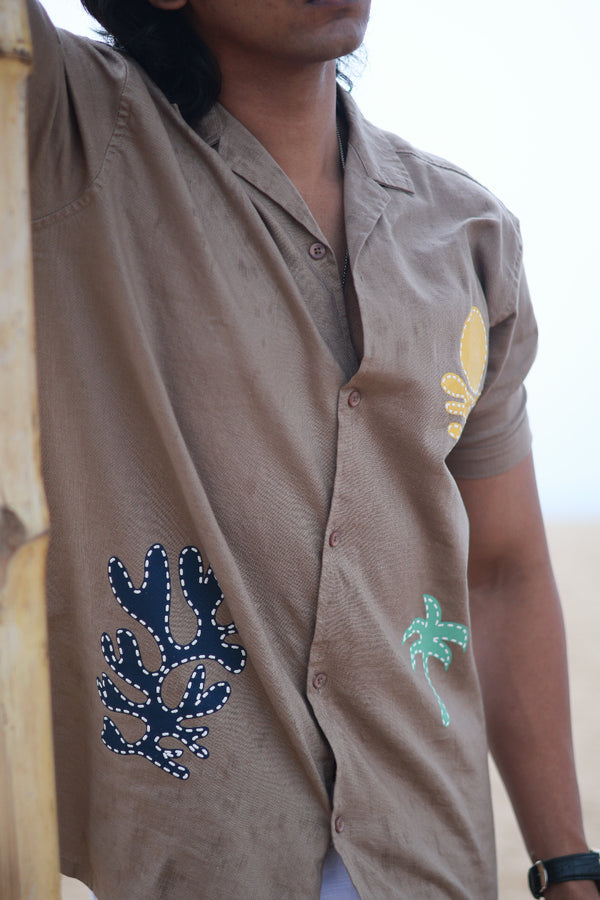 Light Brown Self Designed Cuban Collar Shirt