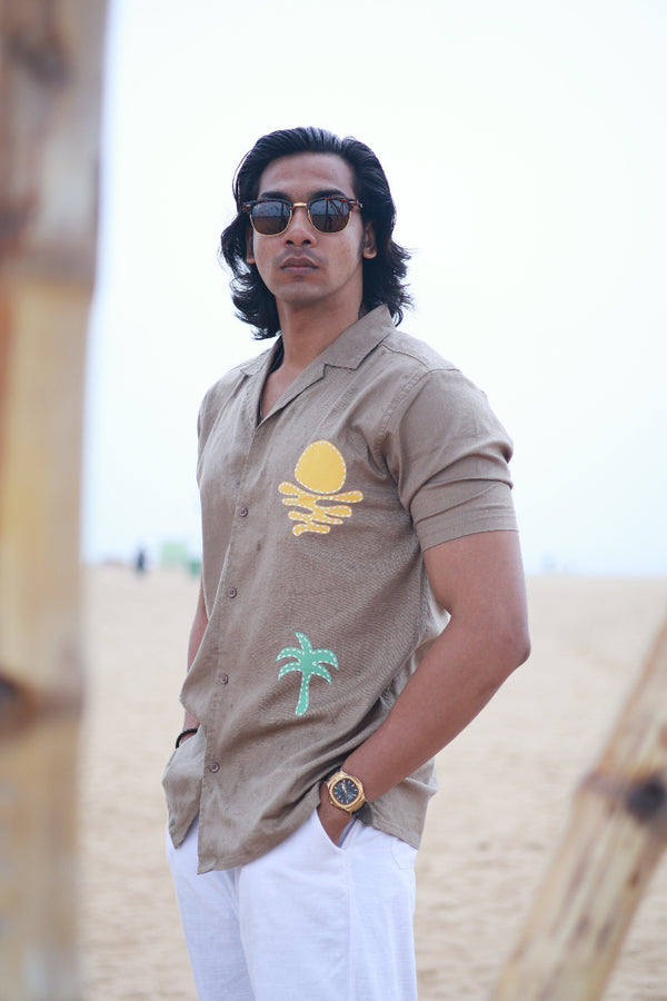 Light Brown Self Designed Cuban Collar Shirt
