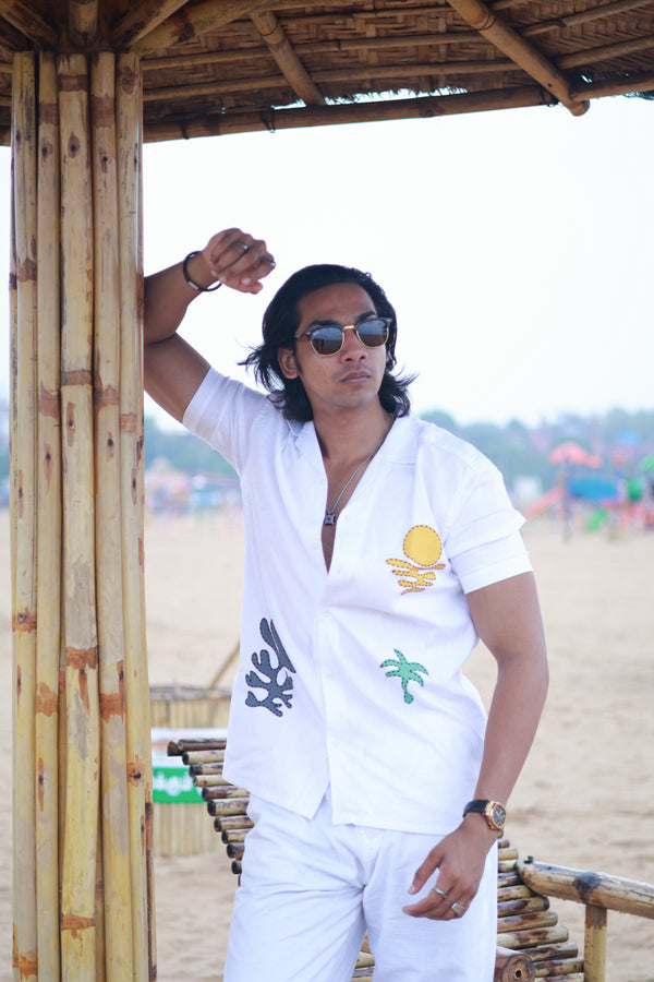 White Self Designed Cuban Collar Shirt