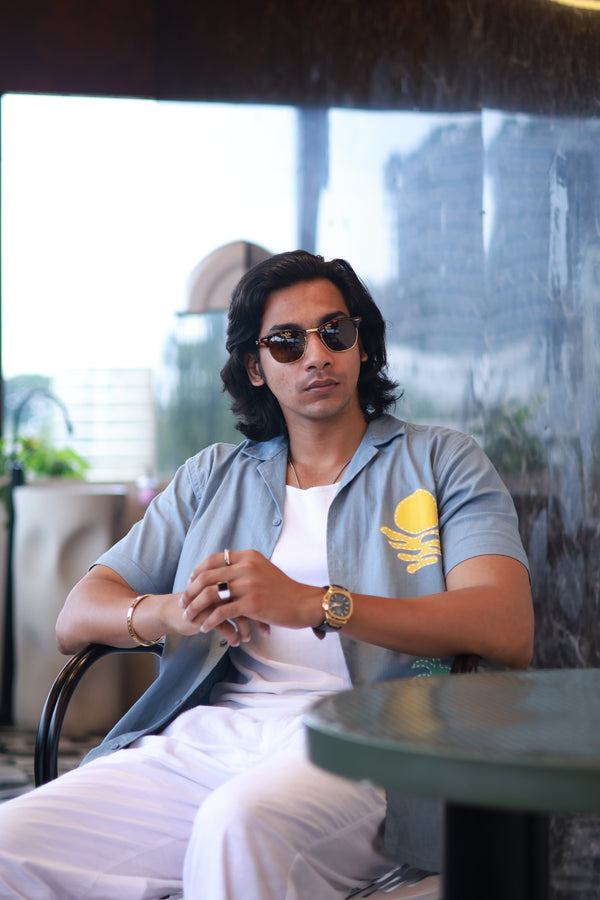 Blue Self Designed Cuban Collar Shirt