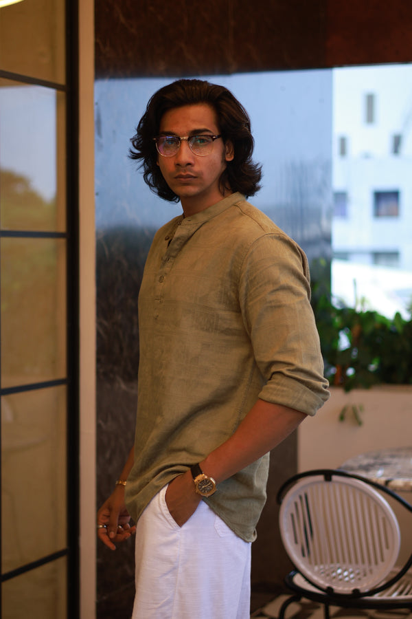 Green Mandarin Collar Self Design Shirt