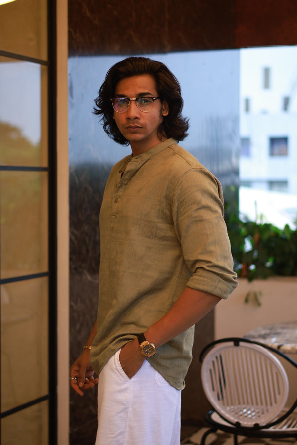 Green Mandarin Collar Self Design Shirt