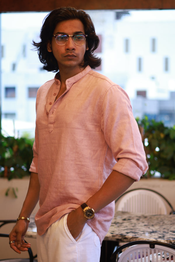 Pink Mandarin Collar Self Design Shirt