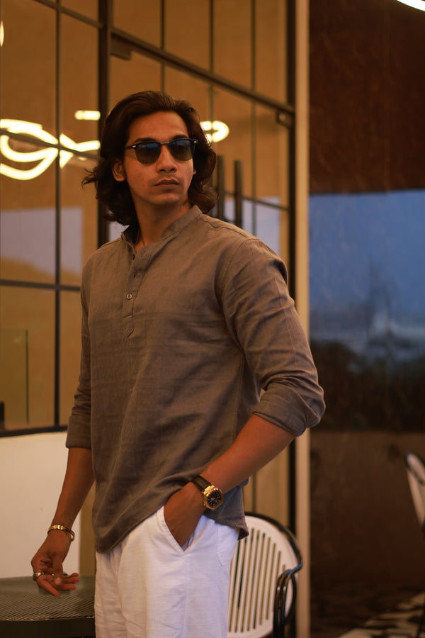 Grey Mandarin Collar Self Design Shirt