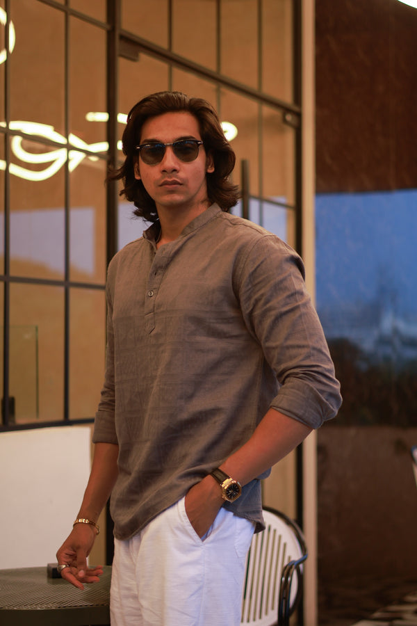 Grey Mandarin Collar Self Design Shirt