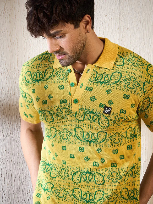 LEMON PAISLEY KNITTED POLO TSHIRT Ilyzly