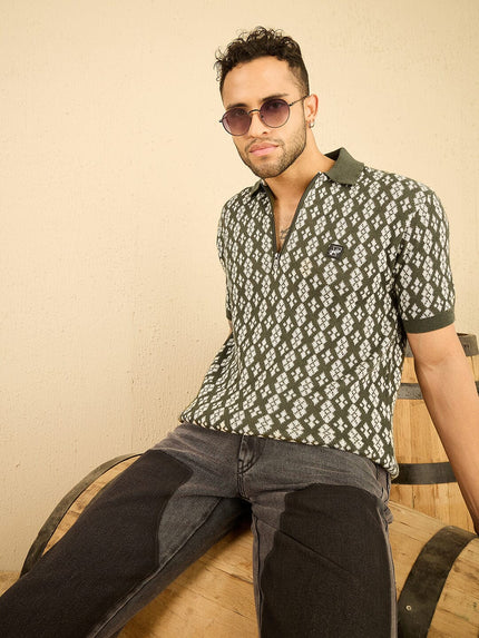 olive printed knitted zipped polo tshirt