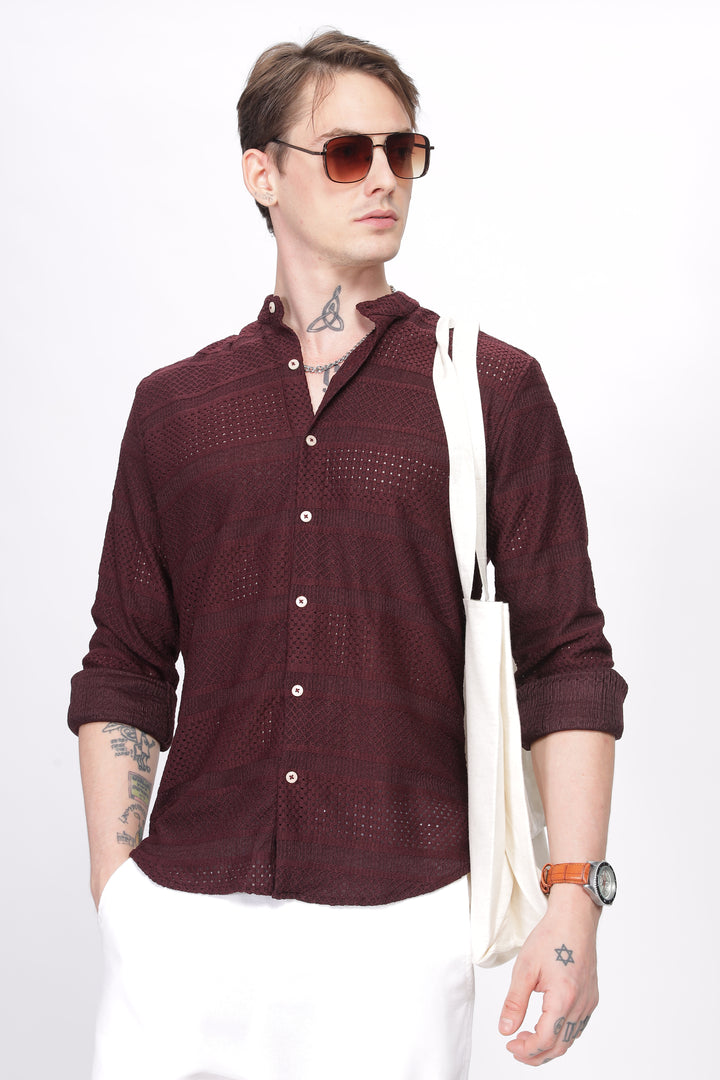 Mandarin Collar Maroon Shirt Ilyzly