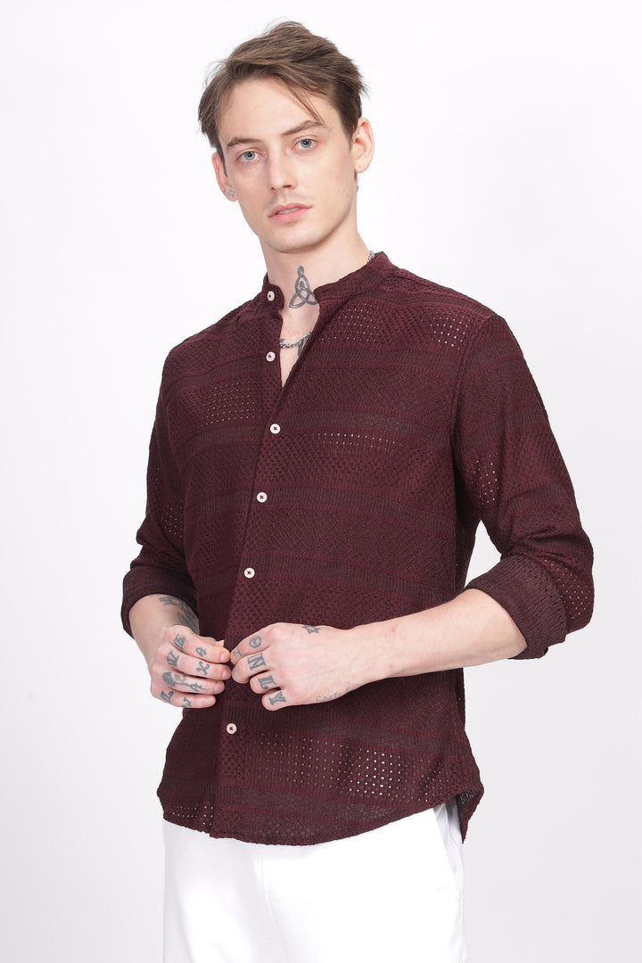 Mandarin Collar Maroon Shirt Ilyzly