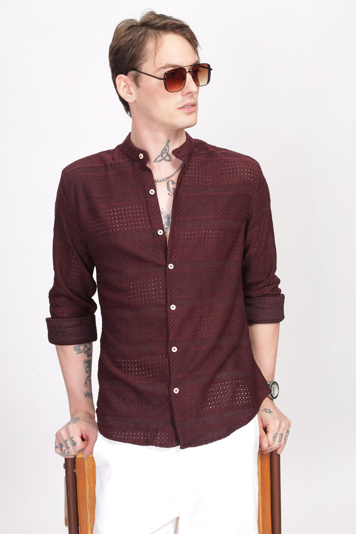 Mandarin Collar Maroon Shirt Ilyzly