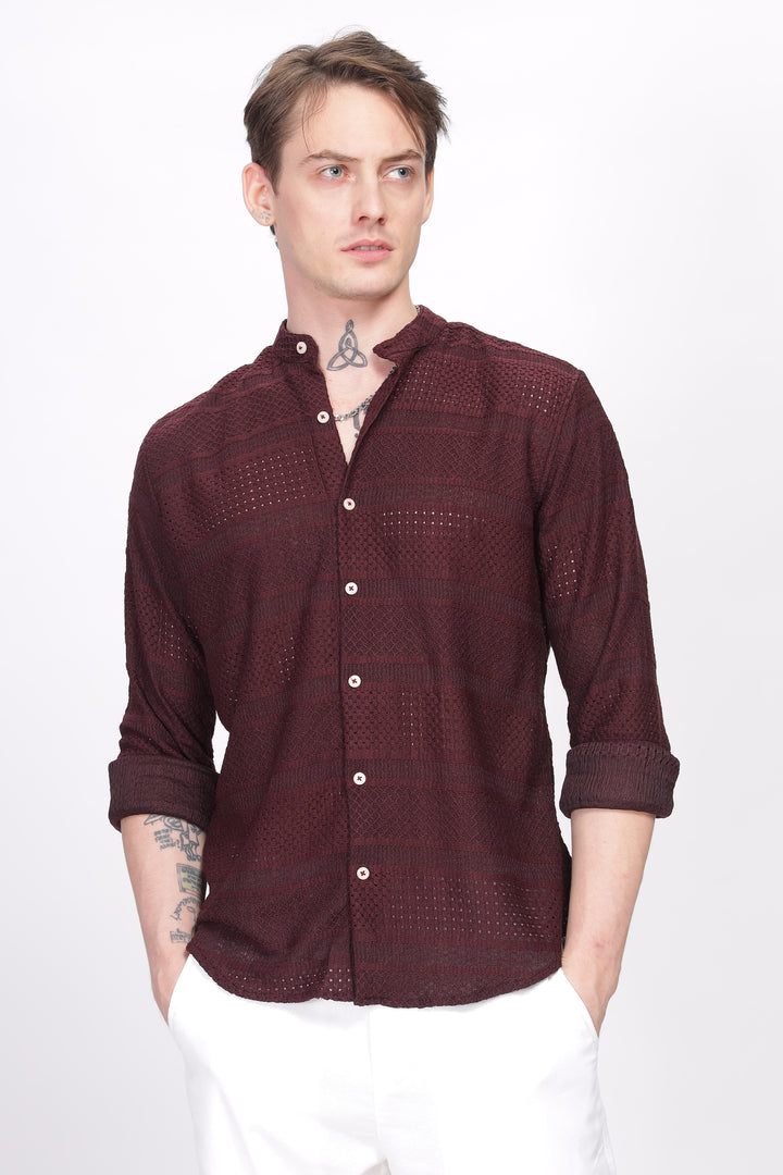 Mandarin Collar Maroon Shirt Ilyzly