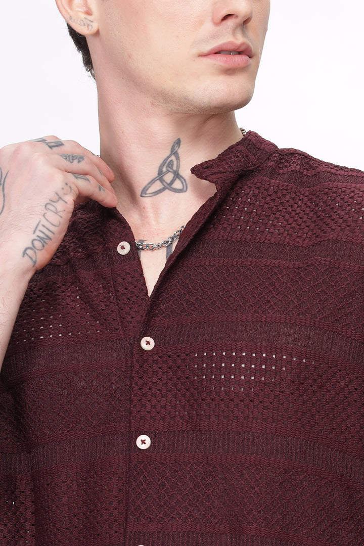 Mandarin Collar Maroon Shirt Ilyzly