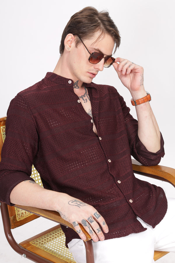 Mandarin Collar Maroon Shirt Ilyzly