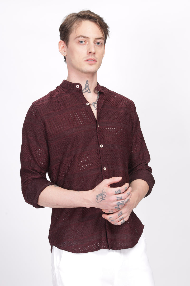 Mandarin Collar Maroon Shirt Ilyzly