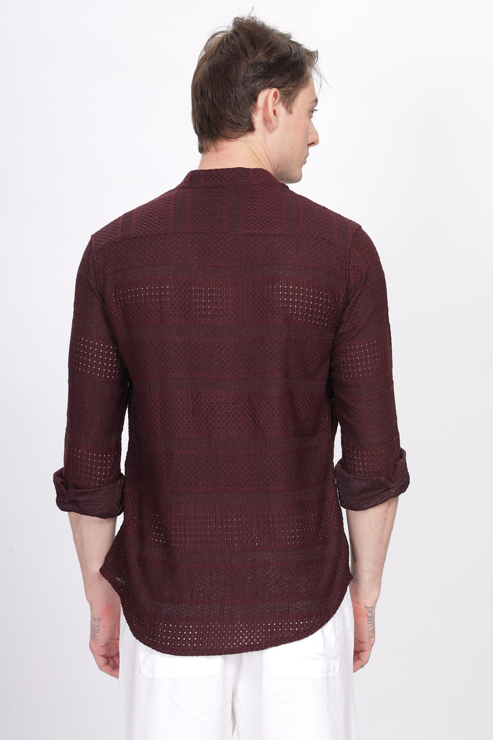 Mandarin Collar Maroon Shirt Ilyzly