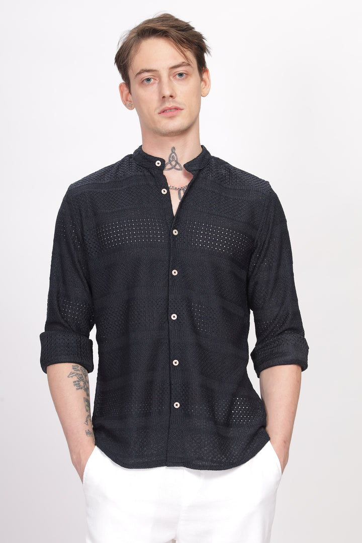 Mandarin Collar Navy Blue Shirt Ilyzly