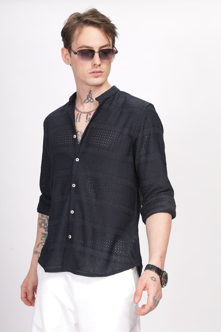 Mandarin Collar Navy Blue Shirt Ilyzly