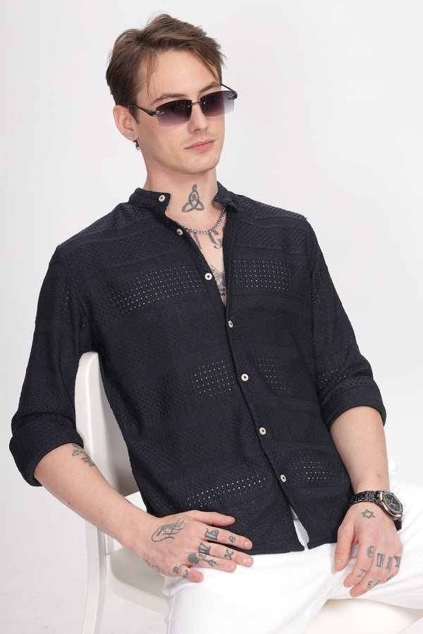 Mandarin Collar Navy Blue Shirt Ilyzly