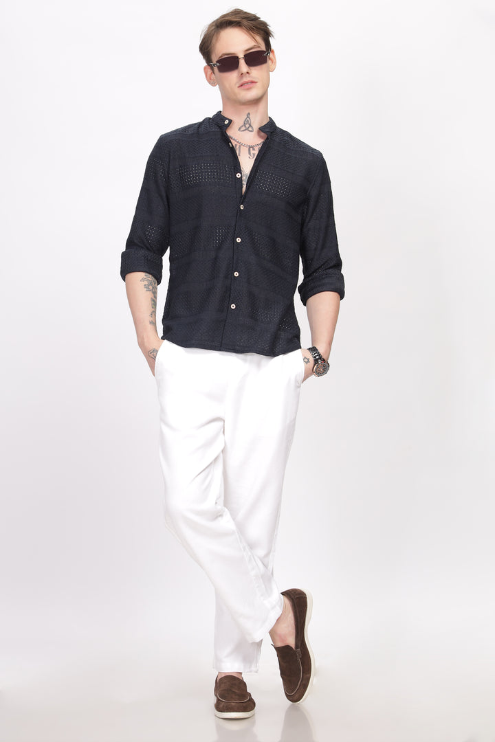 Mandarin Collar Navy Blue Shirt Ilyzly