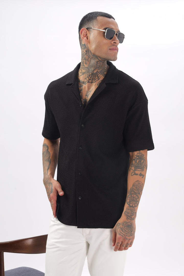 Midnight Breeze Cuban Collar Black Shirt Ilyzly