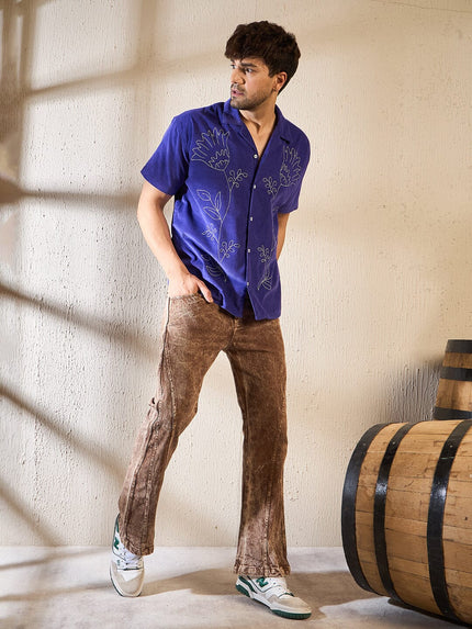 Purple Cord Floral Embroidery Cuban Shirt Ilyzly