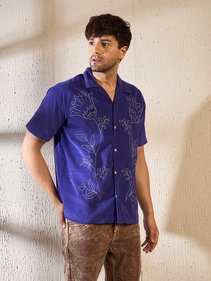 Purple Cord Floral Embroidery Cuban Shirt Ilyzly
