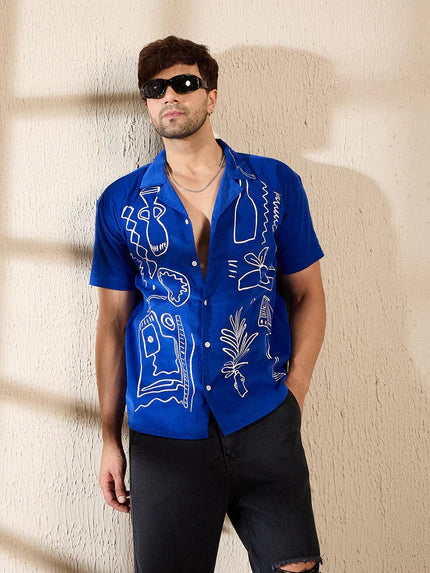 Royal Blue Corduroy Cuban Shirt Ilyzly