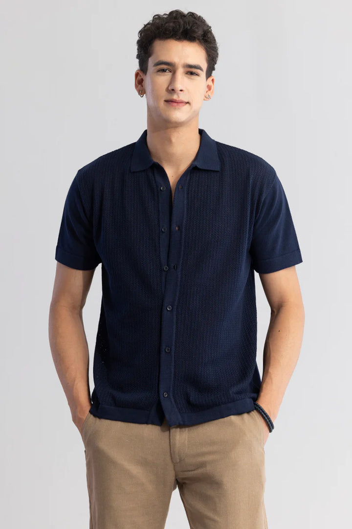 Serene Knit Elegance Navy Blue Shirt Ilyzly