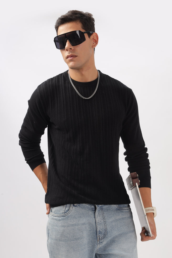 Stripes Knitted Black Full-Sleeve T-Shirt Ilyzly