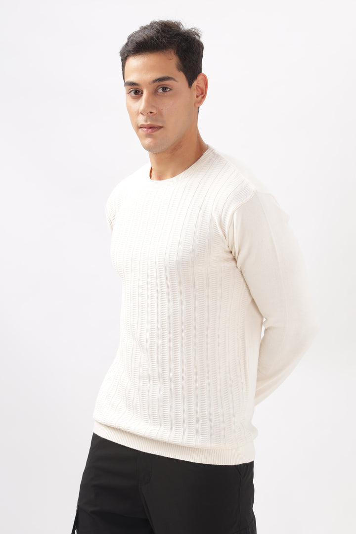 Stripes Knitted Cream Full-Sleeve T-Shirt Ilyzly