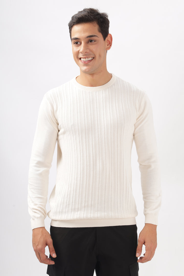 Stripes Knitted Cream Full-Sleeve T-Shirt Ilyzly