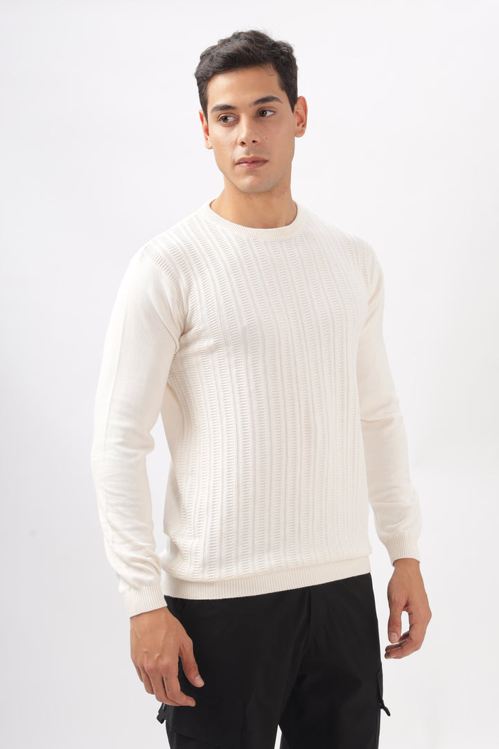 Stripes Knitted Cream Full-Sleeve T-Shirt Ilyzly