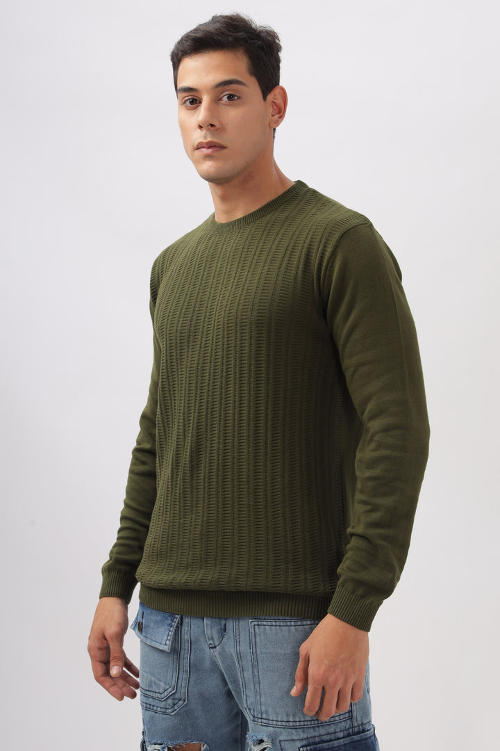 Stripes Knitted Green Full-Sleeve T-Shirt Ilyzly