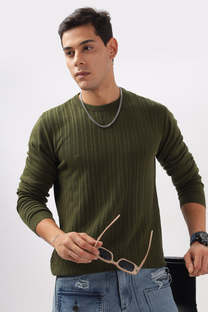 Stripes Knitted Green Full-Sleeve T-Shirt Ilyzly