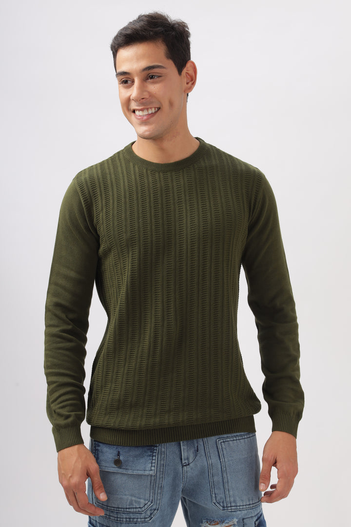 Stripes Knitted Green Full-Sleeve T-Shirt Ilyzly