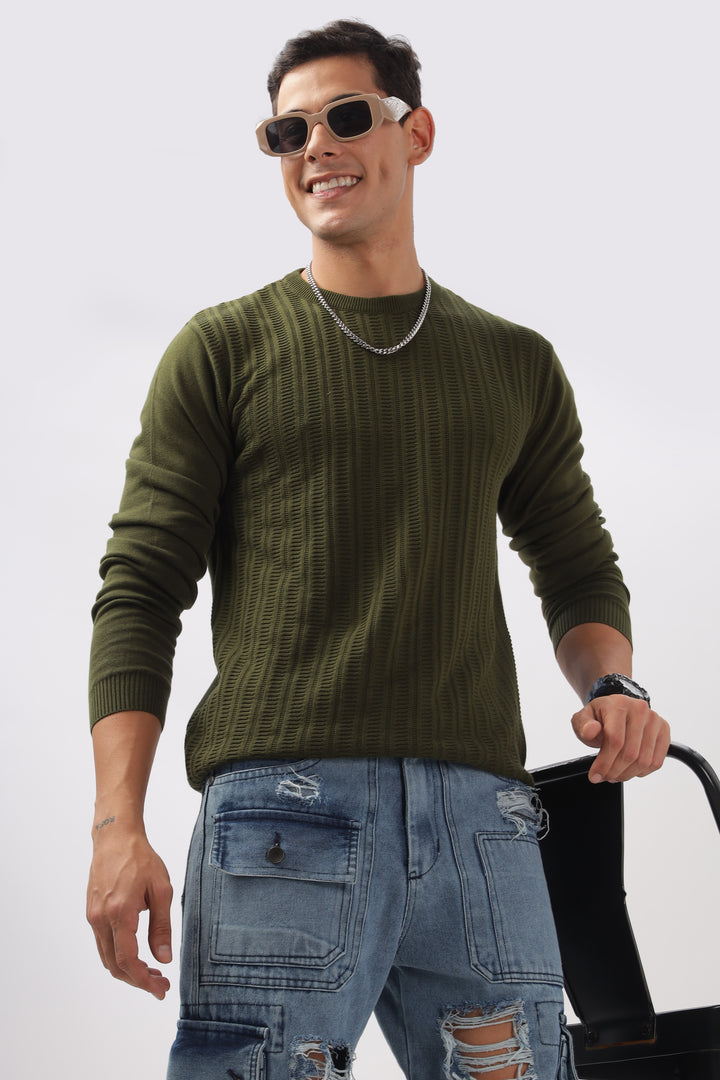 Stripes Knitted Green Full-Sleeve T-Shirt Ilyzly