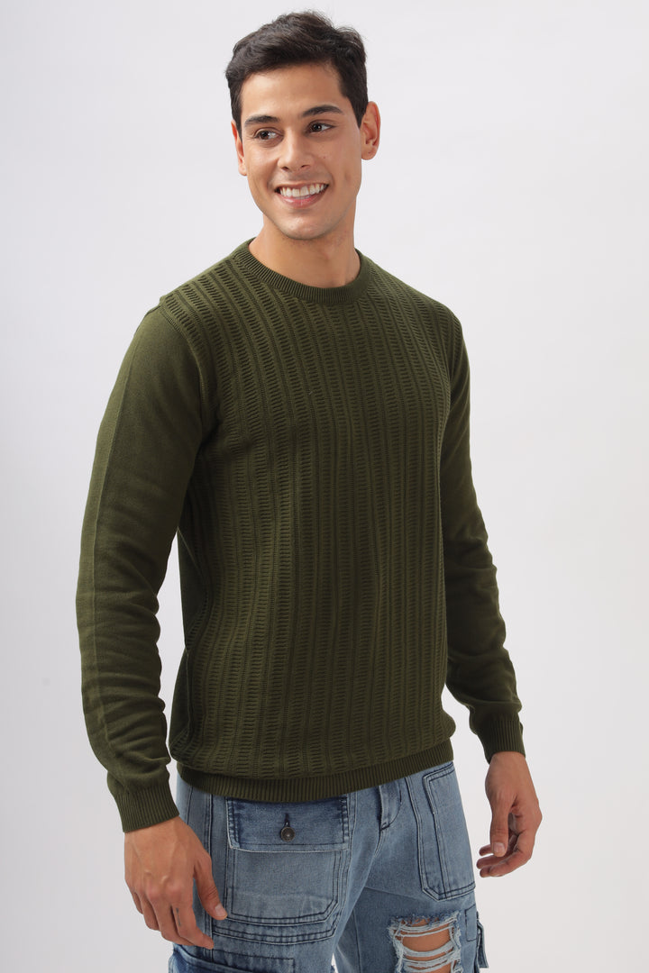 Stripes Knitted Green Full-Sleeve T-Shirt Ilyzly