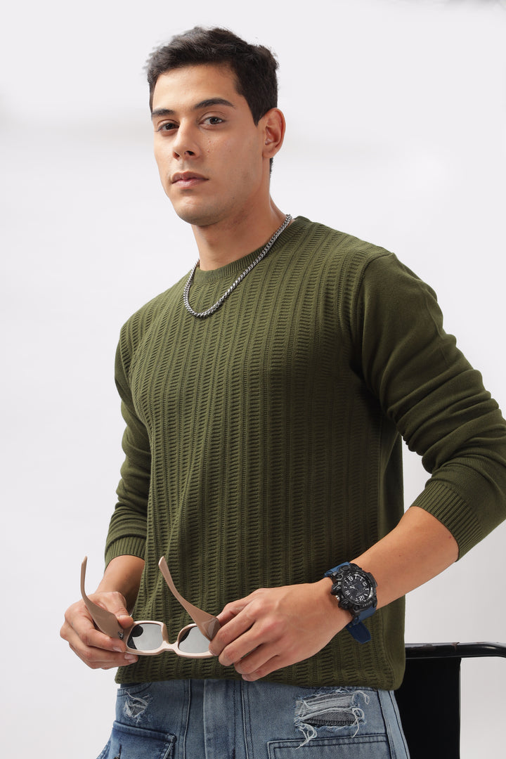 Stripes Knitted Green Full-Sleeve T-Shirt Ilyzly