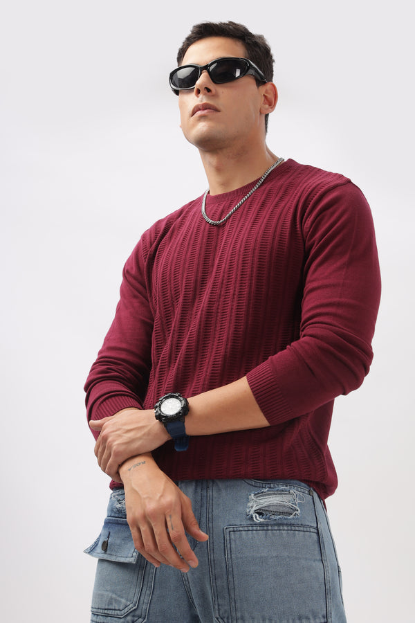 Stripes Knitted Maroon Full-Sleeve T-Shirt Ilyzly