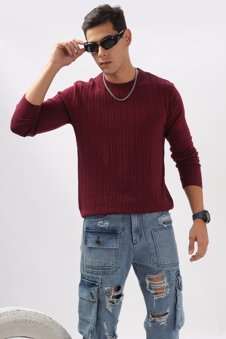 Stripes Knitted Maroon Full-Sleeve T-Shirt Ilyzly